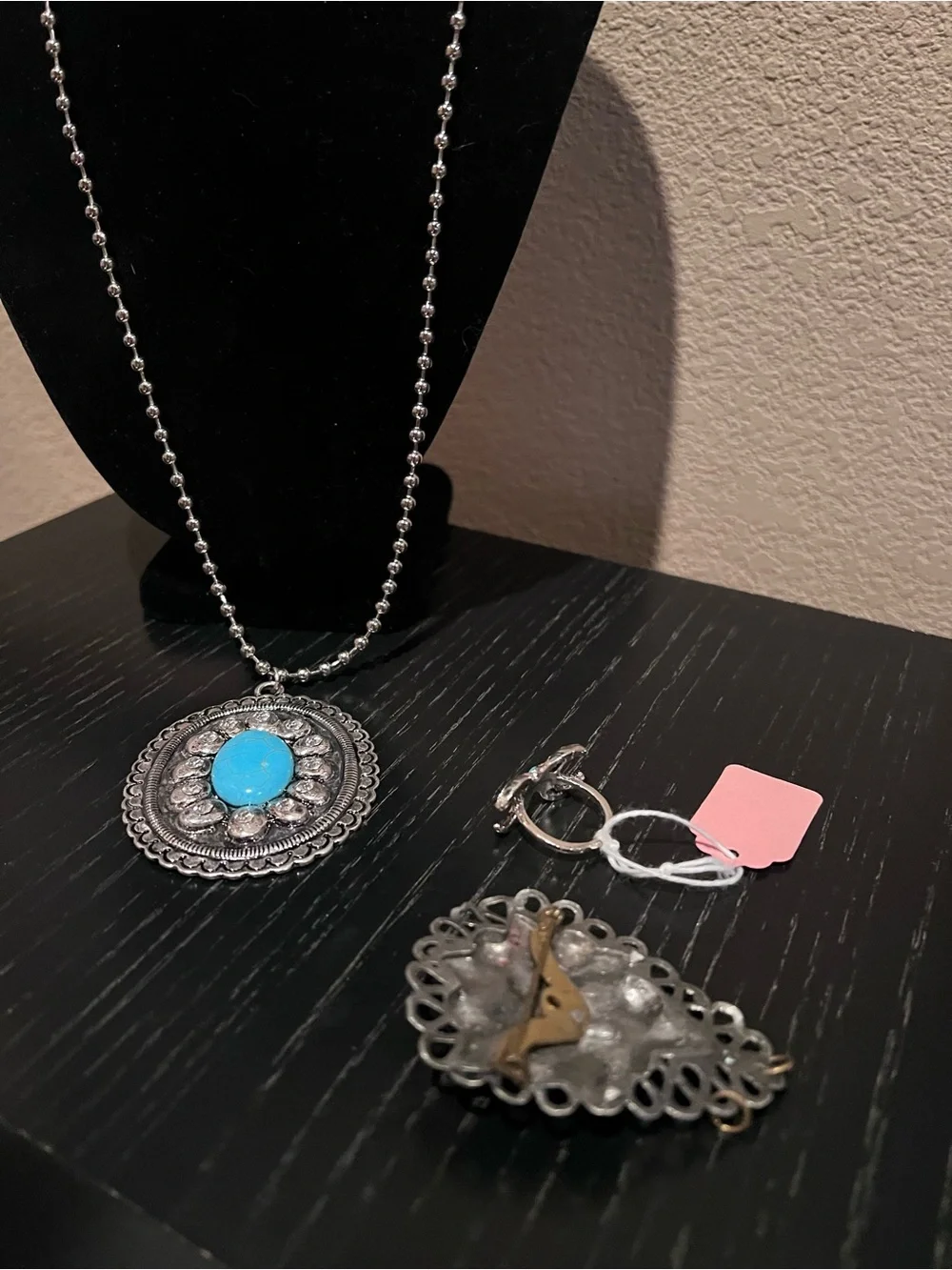 Turquoise Silver-Tone Pendant Necklace and Brooch Set - Women Jewelry